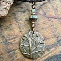 Tree of Life Charm, Bronze Necklace, Tree Branches, Czech Glass Beads, Domed Pendant, Hand Carved, Celtic Witch, Pagan Druid, Earth Lover