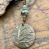 Tree of Life Charm, Bronze Necklace, Tree Branches, Czech Glass Beads, Domed Pendant, Hand Carved, Celtic Witch, Pagan Druid, Earth Lover