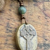Bronze Celtic Cross, Wax Seal Charm, Connemara Marble, Irish Celtic, Chunky Cross Necklace, Leather Vegan Cord, Ancient Symbols, Talisman