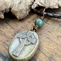 Bronze Celtic Cross, Wax Seal Charm, Connemara Marble, Irish Celtic, Chunky Cross Necklace, Leather Vegan Cord, Ancient Symbols, Talisman