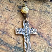 Tree Cross Charm, Copper Pendant, Tree Branches, Czech Glass Beads, Leather & Vegan Cords, Handmade Art Jewelry, Tree of Life, Witchy Things