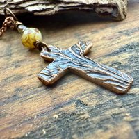 Tree Cross Charm, Copper Pendant, Tree Branches, Czech Glass Beads, Leather & Vegan Cords, Handmade Art Jewelry, Tree of Life, Witchy Things