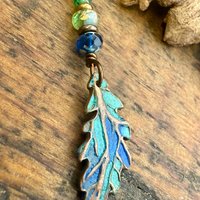 Copper Oak Leaf Pendant, Colorful Patina, Czech Glass Beads, Green Witch, Earthy Rustic, Celtic Tree Astrology, Sacred Oak Tree, Aqua Blue