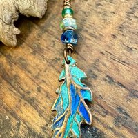 Copper Oak Leaf Pendant, Colorful Patina, Czech Glass Beads, Green Witch, Earthy Rustic, Celtic Tree Astrology, Sacred Oak Tree, Aqua Blue