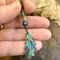 Copper Oak Leaf Pendant, Colorful Patina, Czech Glass Beads, Green Witch, Earthy Rustic, Celtic Tree Astrology, Sacred Oak Tree, Aqua Blue