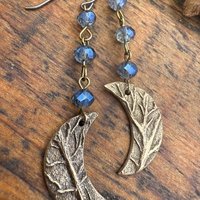 Crescent Moon Bronze Earrings, Midnight Blue Crystal Beads, Celtic Moon Goddess, Long Beaded Moon Earrings, Hypoallergenic, Pagan Wicca Art