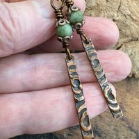 Copper Dangle Stick Earrings, Connemara Marble Bead, Long Skinny, Hypoallergenic Ear Wires, Earthy Rustic