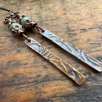 Copper Dangle Stick Earrings, Connemara Marble Bead, Long Skinny, Hypoallergenic Ear Wires, Earthy Rustic