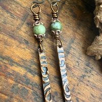 Copper Dangle Stick Earrings, Connemara Marble Bead, Long Skinny, Hypoallergenic Ear Wires, Earthy Rustic