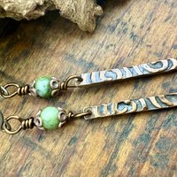 Copper Dangle Stick Earrings, Connemara Marble Bead, Long Skinny, Hypoallergenic Ear Wires, Earthy Rustic