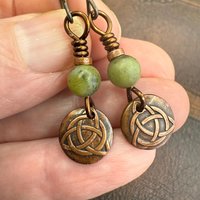 Trinity Knot Earrings, Triquetra, Tiny Copper Discs, Connemara Marble, Irish Celtic Jewelry, Hypoallergenic Ear Wires, Wax Seal Jewelry