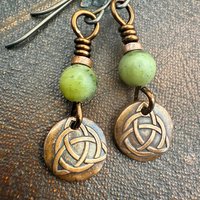Trinity Knot Earrings, Triquetra, Tiny Copper Discs, Connemara Marble, Irish Celtic Jewelry, Hypoallergenic Ear Wires, Wax Seal Jewelry