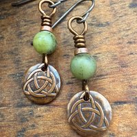 Trinity Knot Earrings, Triquetra, Tiny Copper Discs, Connemara Marble, Irish Celtic Jewelry, Hypoallergenic Ear Wires, Wax Seal Jewelry