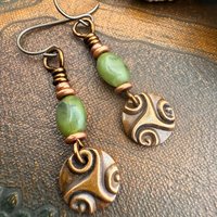 Triskele Copper Earrings, Triple Spirals, Triskelion, Connemara Marble, Irish Celtic Jewelry, Copper Disc Earrings, Hypoallergenic Earrings
