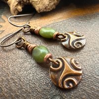 Triskele Copper Earrings, Triple Spirals, Triskelion, Connemara Marble, Irish Celtic Jewelry, Copper Disc Earrings, Hypoallergenic Earrings