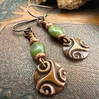 Triskele Copper Earrings, Triple Spirals, Triskelion, Connemara Marble, Irish Celtic Jewelry, Copper Disc Earrings, Hypoallergenic Earrings