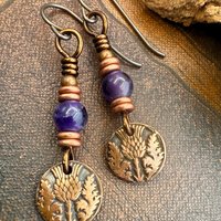 Scottish Thistle Earrings, Outlander Gifts, Copper Anniversary, Thistle of Scotland, Amethyst, Wax Seal Charm, Highlander, Disc Earrings
