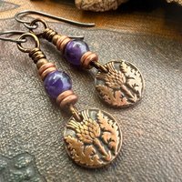 Scottish Thistle Earrings, Outlander Gifts, Copper Anniversary, Thistle of Scotland, Amethyst, Wax Seal Charm, Highlander, Disc Earrings