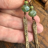 Bronze Dangle Drop Earrings, Coral Fossil Texture, Czech Glass Beads, Bronze Aqua Blue, Hypoallergenic Niobium Ear Wires, Earthy Primitive