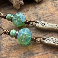 Bronze Dangle Drop Earrings, Coral Fossil Texture, Czech Glass Beads, Bronze Aqua Blue, Hypoallergenic Niobium Ear Wires, Earthy Primitive