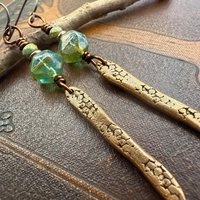 Bronze Dangle Drop Earrings, Coral Fossil Texture, Czech Glass Beads, Bronze Aqua Blue, Hypoallergenic Niobium Ear Wires, Earthy Primitive