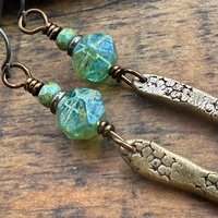 Bronze Dangle Drop Earrings, Coral Fossil Texture, Czech Glass Beads, Bronze Aqua Blue, Hypoallergenic Niobium Ear Wires, Earthy Primitive