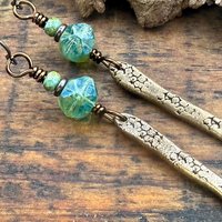 Bronze Dangle Drop Earrings, Coral Fossil Texture, Czech Glass Beads, Bronze Aqua Blue, Hypoallergenic Niobium Ear Wires, Earthy Primitive