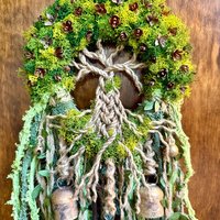 Tree of Life Witch Bells, Home & Door Protection, Doorknob, 5 Inch Mossy Wreath, Housewarming Gifts, Spirit Altar Bells, Recycled Ribbons