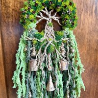 Tree of Life Witch Bells, Home & Door Protection, Doorknob, 5 Inch Mossy Wreath, Housewarming Gifts, Spirit Altar Bells, Recycled Ribbons