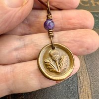 Thistle of Scotland, Copper Wax Seal Charm, Purple Amethyst, Leather & Vegan Cord, Highlander, Outlander, Scottish Gifts, Botanical Jewelry