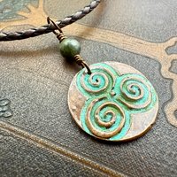 Triskele Copper Pendant, Verdigris Patina, Hand Carved, Connemara Marble, Triskelion Triple Spiral, Irish Celtic Pagan, Newgrange Ireland