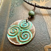 Triskele Copper Pendant, Verdigris Patina, Hand Carved, Connemara Marble, Triskelion Triple Spiral, Irish Celtic Pagan, Newgrange Ireland