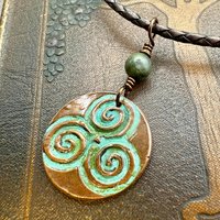 Triskele Copper Pendant, Verdigris Patina, Hand Carved, Connemara Marble, Triskelion Triple Spiral, Irish Celtic Pagan, Newgrange Ireland