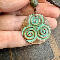 Triskele Copper Pendant, Verdigris Patina, Hand Carved, Connemara Marble, Triskelion Triple Spiral, Irish Celtic Pagan, Newgrange Ireland