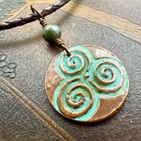 Triskele Copper Pendant, Verdigris Patina, Hand Carved, Connemara Marble, Triskelion Triple Spiral, Irish Celtic Pagan, Newgrange Ireland