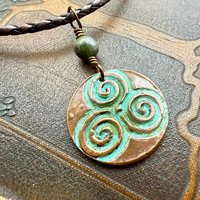 Triskele Copper Pendant, Verdigris Patina, Hand Carved, Connemara Marble, Triskelion Triple Spiral, Irish Celtic Pagan, Newgrange Ireland