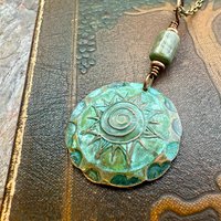 Celtic Sun Spiral Pendant, Copper Verdigris Patina, Irish Celtic Spirals, Connemara Marble, Leather & Vegan Cords, Earthy Rustic Art Jewelry