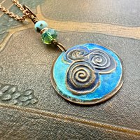 Newgrange Spirals, Copper Pendant, Czech Glass Beads, Triple Spiral, Irish Celtic Jewelry, Verdigris Patina, Blue Green Copper, Pagan Witch
