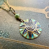 Celtic Sun Spiral Necklace, Copper Patina Pendant, Connemara Marble Bead, Irish Celtic Spirals, Colorful Sun, Pagan Celtic Witch, Handmade