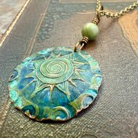 Celtic Sun Spiral Pendant, Copper Verdigris Patina, Irish Celtic Spirals, Connemara Marble, Leather & Vegan Cords, Earthy Rustic Art Jewelry