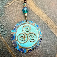 Triskele Copper Pendant, Verdigris Patina, Hand Carved, Czech Glass Beads, Triskelion Triple Spiral, Irish Celtic Pagan, Newgrange Ireland