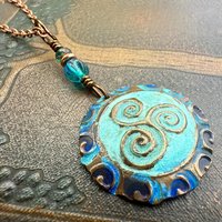 Triskele Copper Pendant, Verdigris Patina, Hand Carved, Czech Glass Beads, Triskelion Triple Spiral, Irish Celtic Pagan, Newgrange Ireland