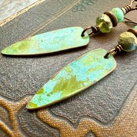 Verdigris Earrings, Copper Patina, Dagger Dangle, Turquoise Beads, Boho Hippie Style, Blue Green Earthy, Soul Harbor Jewelry, Earth Witch