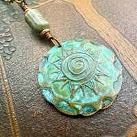 Celtic Sun Spiral Pendant, Copper Verdigris Patina, Irish Celtic Spirals, Connemara Marble, Leather & Vegan Cords, Earthy Rustic Art Jewelry