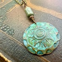 Celtic Sun Spiral Pendant, Copper Verdigris Patina, Irish Celtic Spirals, Connemara Marble, Leather & Vegan Cords, Earthy Rustic Art Jewelry
