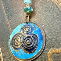 Newgrange Spirals, Copper Pendant, Czech Glass Beads, Triple Spiral, Irish Celtic Jewelry, Verdigris Patina, Blue Green Copper, Pagan Witch