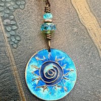 Celtic Sun Spiral Necklace, Copper Patina Pendant, Czech Glass Beads, Irish Celtic Spirals, Colorful Sun, Pagan Celtic Witch, Sun Goddess
