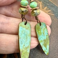 Verdigris Earrings, Copper Patina, Dagger Dangle, Turquoise Beads, Boho Hippie Style, Blue Green Earthy, Soul Harbor Jewelry, Earth Witch