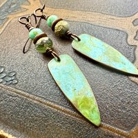 Verdigris Earrings, Copper Patina, Dagger Dangle, Turquoise Beads, Boho Hippie Style, Blue Green Earthy, Soul Harbor Jewelry, Earth Witch