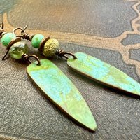 Verdigris Earrings, Copper Patina, Dagger Dangle, Turquoise Beads, Boho Hippie Style, Blue Green Earthy, Soul Harbor Jewelry, Earth Witch